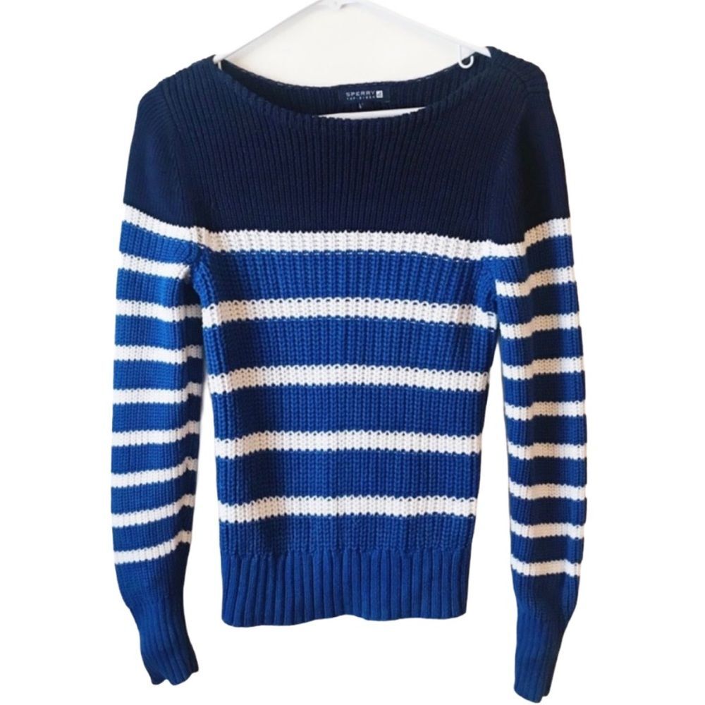 Sperry Top-Sider White Blue Navy Stripe Crew Neck Long Sleeve Sweater Nautical